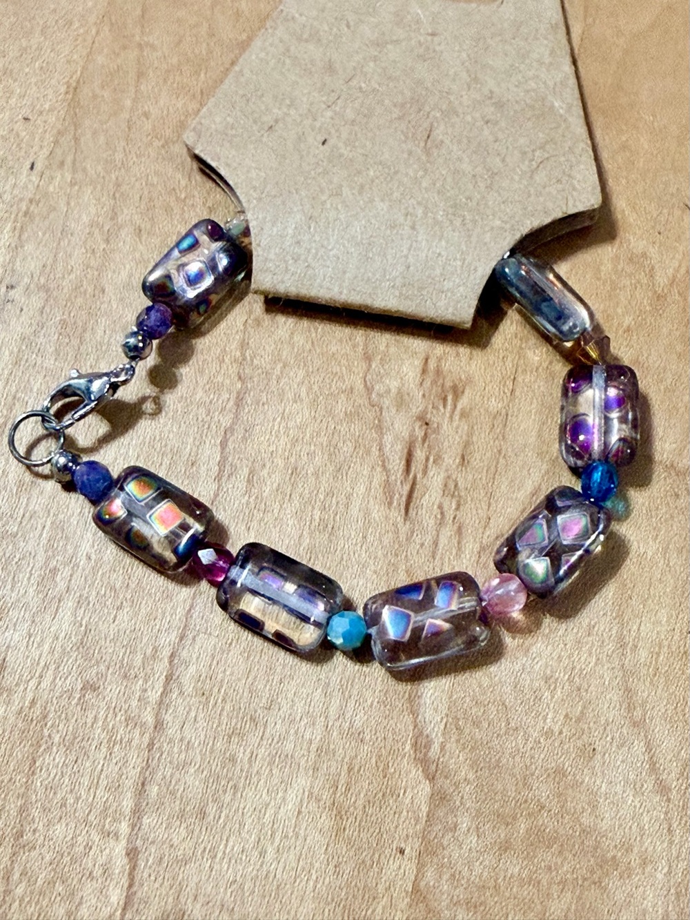 Handcrafted Iridescent Multicolored Glass Bead Bracelet - 6 1/2”